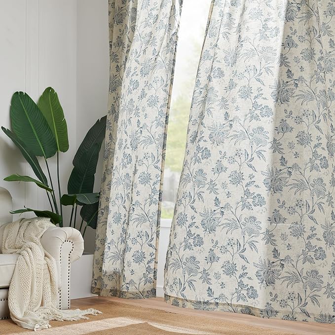 jinchan Linen Floral Curtains for Living Room with Printed Flower 84 Inches Long Light Filtering French Country Back Tab Rod Pocket Blue Window Curtain Set Farmhouse Drapes 2 Panels Blue