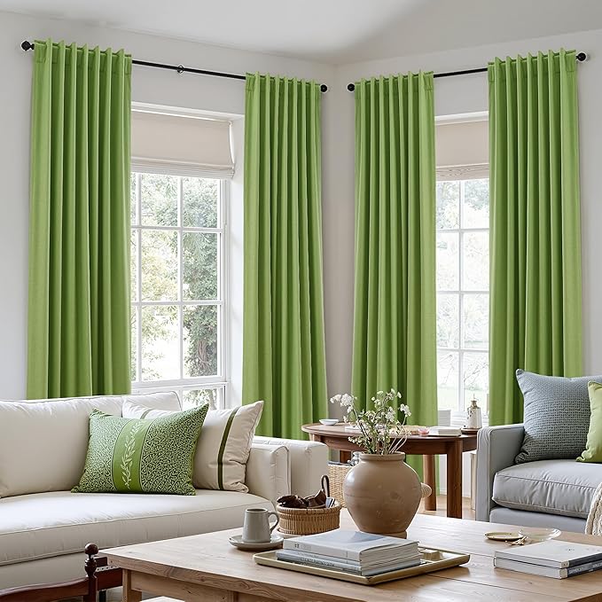 Guken 100% Blackout Curtains 84 Inch Length 2 Panels Set for Living Room Bedroom Back Tab Thermal Insulated Black Out Linen Drapes Room Darkening Lime Green,52x84