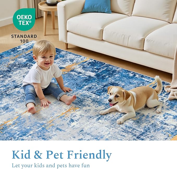 Rugflix 8x10 Area Rugs for Living Room, Washable Large Rug Stain-Resistant Low Pile, Modern Carpet for Dining Room Home Office Kid Room Nursery Bedroom, Blue Gold