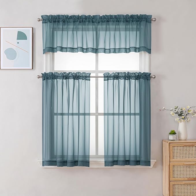 Chyhomenyc Stone Blue Sheer Curtains 30 inch Length 2 Panels, Light Filtering Voile Rod Pocket Short Window Curtians for Bathroom Living Room Farmhouse Small Windows, 42Wx30L inches