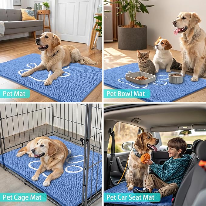 Smiry Dog Door Mat for Muddy Paws, Absorbent Dirt Trapper Non Slip Quick Dry Washable Chenille Mat for Mud Dogs, Entry Rug for Indoor and Outdoor (40x32 Inches, Cornflower Blue and White)
