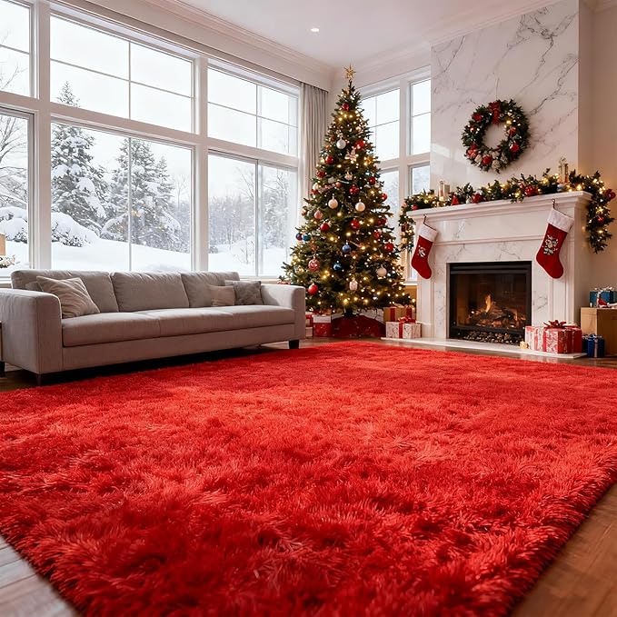 Red Shag Area Rugs for Bedroom Living Room,Ultra Soft Fluffy Christmas Area Rugs 4X6 for Dorm, Indoor Carpet Nursery Rugs for Kids Girls Room Home Decor,Red