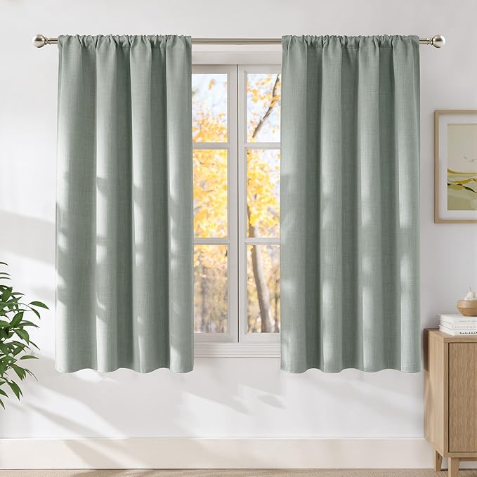 NICETOWN Sage Green Faux Linen Room Darkening Rod Pocket Curtains 63 inch Length, W42 x L63, Light Blocking Thermal Insulated Noise Reducing Drapes for Bedroom Living Room Farmhouse Decor, 2 Panels