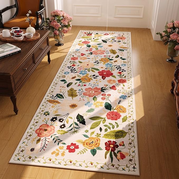 Rugcomf Washable Kitchen Runner 2'7"x12' - Floral Long Hallway Runner Rug Non Slip, Boho Carpet for Entryway, Hall, Bathroom - Beige