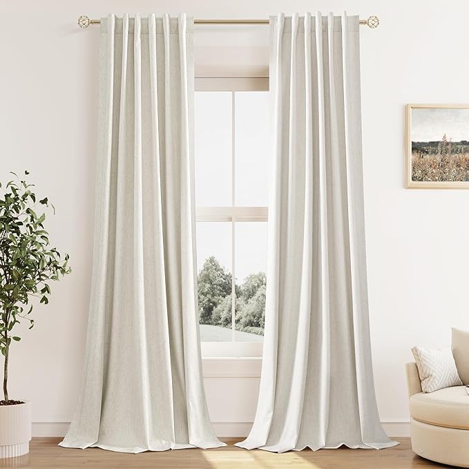 Guken 100% Blackout Cream Linen Curtains 110 Inch Wide by 52 Inch 2 Panels Set for Living Room Bedroom Back Tab Thermal Insulated Black Out Linen Drapes Room Darkening Window Curtains