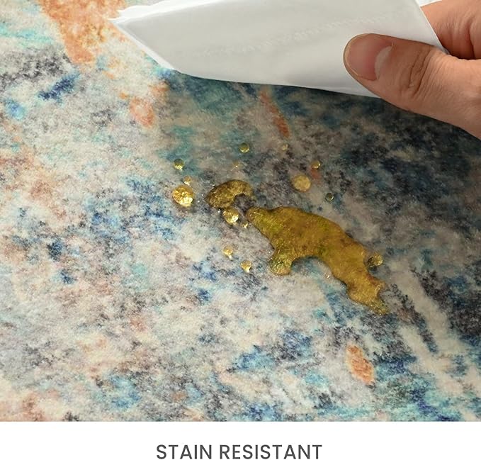 Area Rug 4x6 Blue Rug Washable Boho Rugs Non Slip Low Pile Abstract Small Carpet for Entryway, Bedroom, Kitchen, Classroom, Kids Room, Office, Dorm, Dining Room