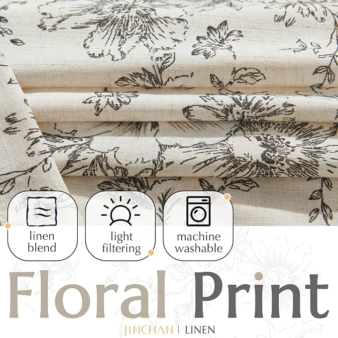 jinchan Lined Linen Blend Curtain Floral Curtains for Living Room 63 Inch Length Black Peony Flower Printed Curtain Back Tab Farmhouse Patterned Drapes Bedroom Window Curtains Set 2 Panels