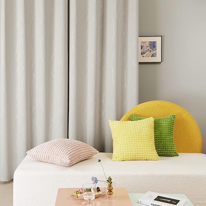 Deconovo Beige Curtains for Living Room, Room Darkening Soundproof Drapes with Wave Dots Silver Print, 42 x 72 Inch Long, Grommet Top, Set of 2 Window Panels for Living Room Bedroom Office Nursery