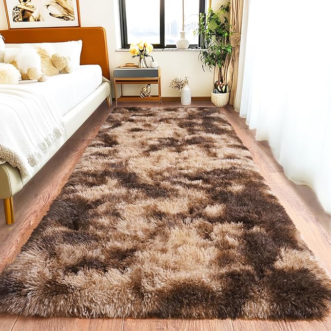 Pionblank Fluffy Runner Rugs for Bedroom 2x6, Modern Shaggy Brown Area Rug for Hallway Living Room, Plush Soft Fuzzy Bedside Carpet for Kids Girls Boys Room Nursery, Tie-Dyed Coffee