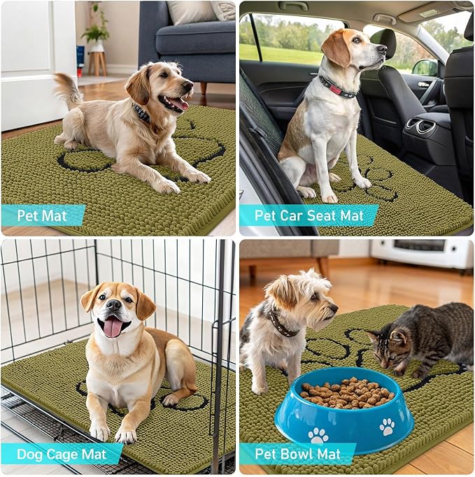 OLANLY Dog Door Mat for Muddy Paws 48x30, Paw Print Design, Absorbs Moisture and Dirt, Non-Slip Washable Doormat, Quick Dry Chenille Mud Mat for Dogs, Entry Indoor Entryway Carpet, Willow Green