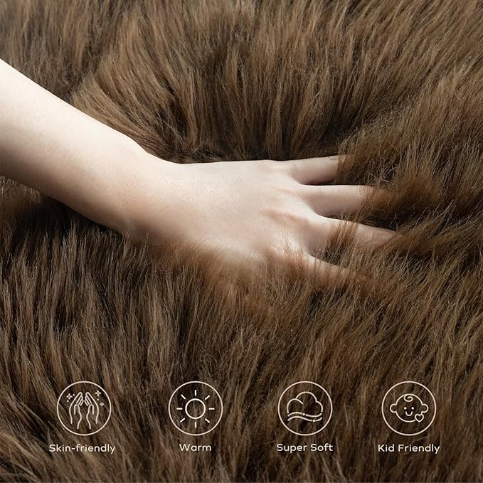 Ashler Faux Fur Rug, Fluffy Shaggy Area Rug, Ultra Soft 2.3 x 3.3 Feet Sheepskin Fur, Dark Coffee Fuzzy Rug, Machine Washable Shag, Nursery Decor Throw for Bedroom, Kids Room, Living Room