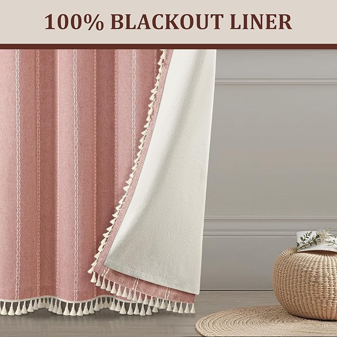 Coral Curtains Boho Blackout Curtains 2 Panels 84 Inch for Living Room Bedroom, Linen Texture Farmhouse Curtains with Tassels and White Cotton Embroidery Vintage Rustic Country Western