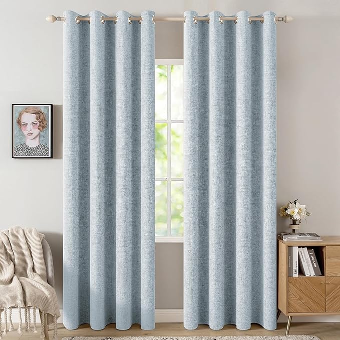 MIULEE 100% Blackout Linen Textured Curtains for Bedroom Solid Thermal Insulated Chambray Blue Grommet Room Darkening Curtains & Drapes Luxury Decor for Living Room Nursery 52 x 84 Inch (2 Panels)