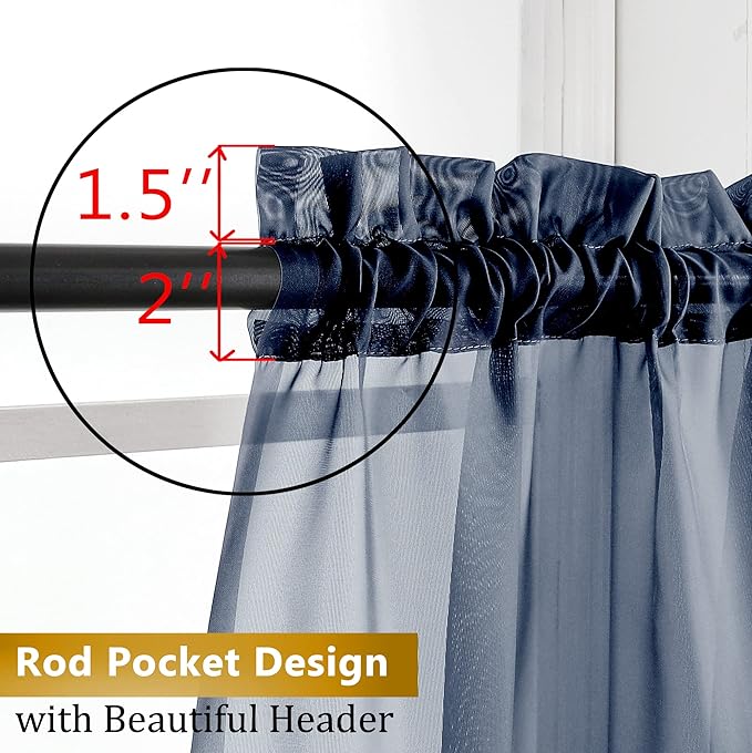 Aiyufneg Navy Blue Sheer Curtains 36 inches Long, Short Kitchen Window Treatment Solid Sheers Cafe Curtains Bathroom Voile Half Window Curtains 2 Panels, Rod Pocket, 40" Wx36 L