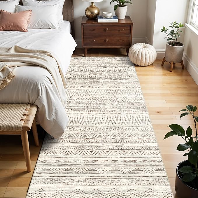 2x6 Washable Hallway Runner Rug - Moroccan Non-Slip Indoor Table Long Runners for Entryway Soft Low Pile Neutral Rugs for Kitchen Waterproof Geometric Carpet for Bedroom Bathroom Laundry 2x6 Beige