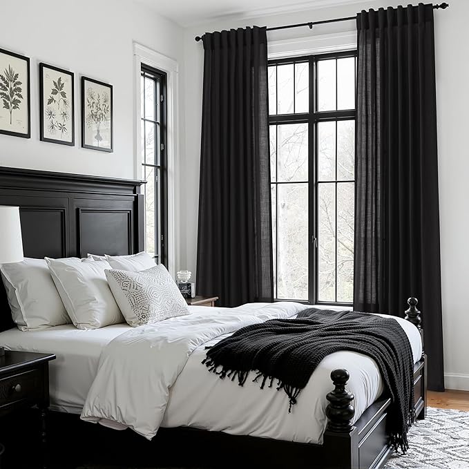 Nanspring Vintage Black Linen Curtains 96 Inches Long for Living Room Light Filtering Semi Sheer Curtain Back Tab Privacy Luxury Gothic Vintage Decor Drapes for Bedroom Office 52x96, 2 Panels