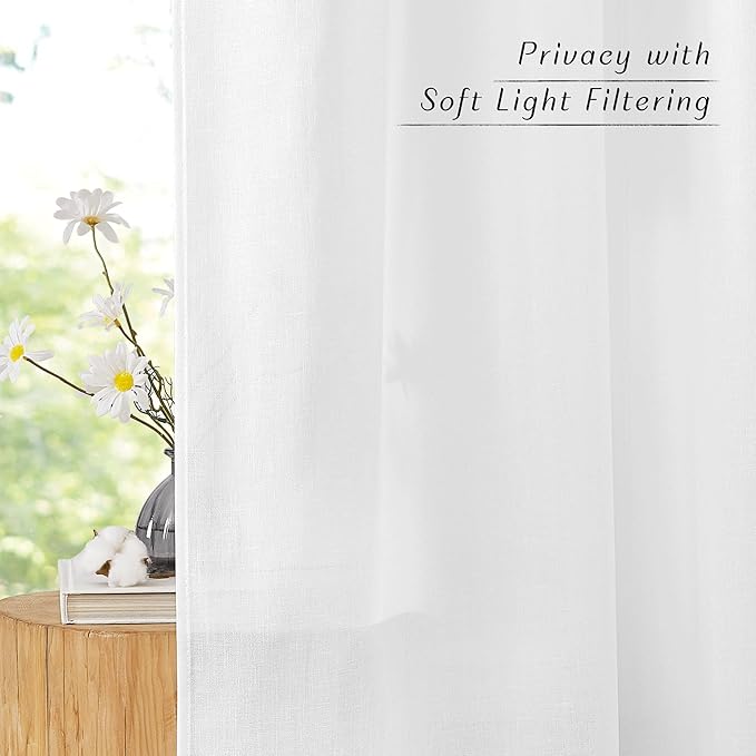 NICETOWN White Linen Curtains 108 inches Long for Home Office, Grommet Privacy Added with Light Filtering Thick Flax Window Treatments for Bedroom/Living Room, Natural, W55 x L108, 2 Panels
