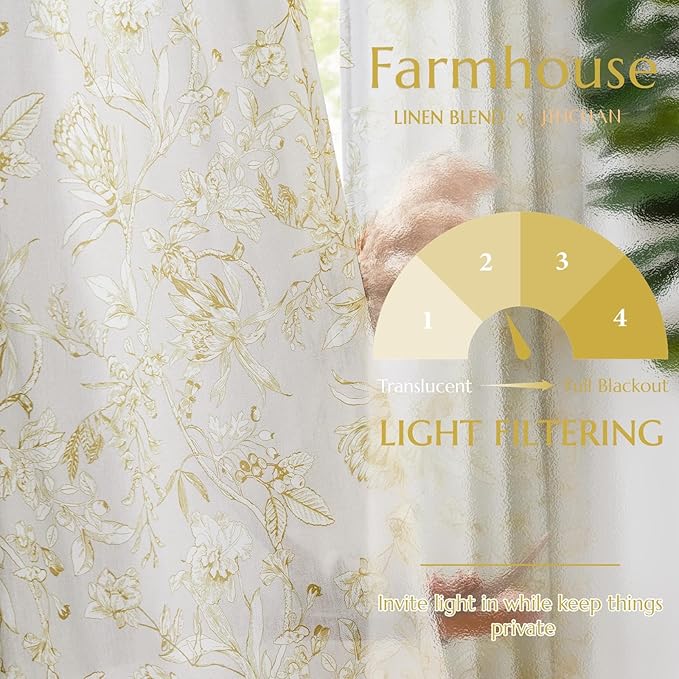 jinchan Floral Curtains 84 Inches Long Mustard Yellow Flower Linen Farmhouse Curtain for Living Room French Country Vintage Curtain Rod Pocket Curtains Set 2 Panels Floral Printed