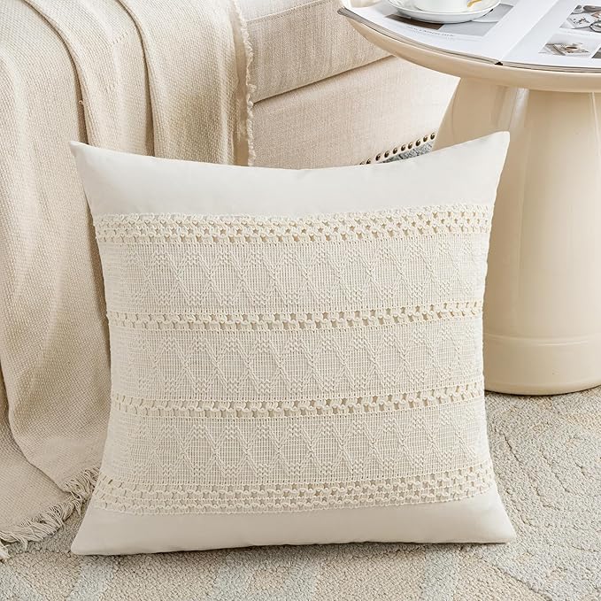 Fancy Homi Set of 1 Boho Cream Decorative Throw Pillow Cover 20x20 Inch for Couch Bed Sofa, Aesthetic Modern Organic Farmhouse Home Decor, Soft Cotton Cute Accent Macrame Woven Cushion Case
