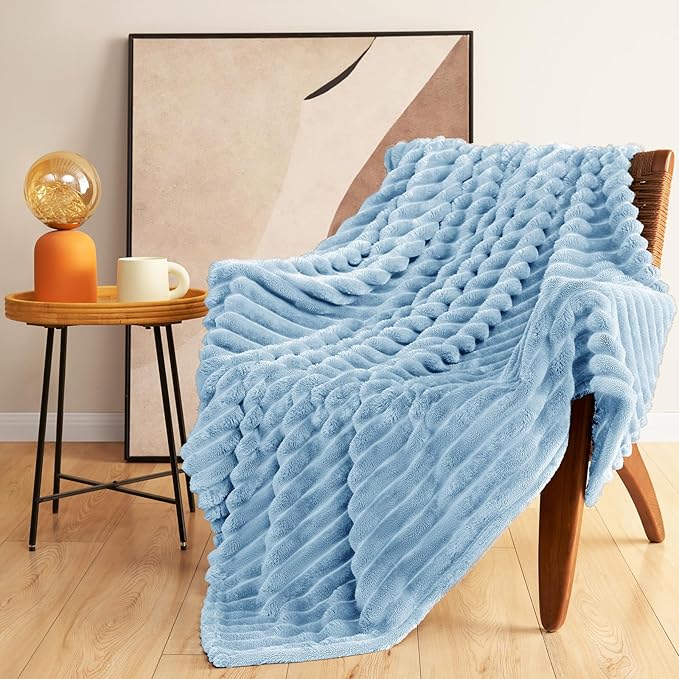 HIMEET Light Blue Ribbed Twin Blanket for Bed - 300GSM Lightweight Fleece Blanket for Men Women, Blankets Graduation Birthday Gifts, Striped Spring Home School Dorm Decor, Light Blue, 60x80 Inches