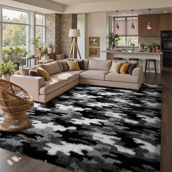 6x9 Ft Large Shag Rugs for Living Room Decor, Tie-Dyed Ultra Soft Fluffy Furry Area Rugs for Bedroom Indoor Floor, Aesthetic Carpet for Kids Home (Grey)