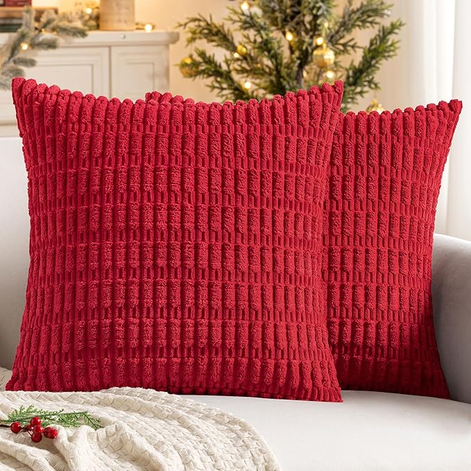 MIULEE Pack of 2 Red Corduroy Decorative Pillow Covers 12x12 Inch Soft Boho Striped Throw Pillow Covers Modern Farmhouse Home Decor for Sofa Living Room Couch Bed