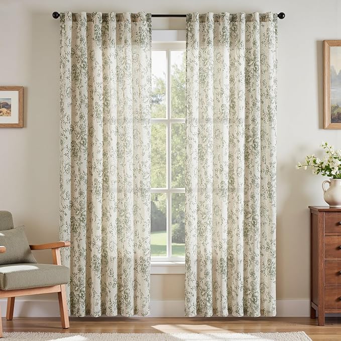 jinchan Linen Blend Floral Curtains for Living Room 90 Inch Length Farmhouse Printed Curtain Rod Pocket Back Tab Sage Green Peony Flower Patterned Drapes Bedroom Curtains Set 2 Panels