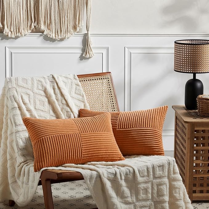 Fancy Homi 2 Packs Burnt Orange Lumbar Decorative Throw Pillow Covers 16x28 Inch for Living Room Couch Bed Sofa, Farmhouse Boho Home Decor, Soft Striped Corduroy Rectangle Accent Cushion Case 40x70 cm