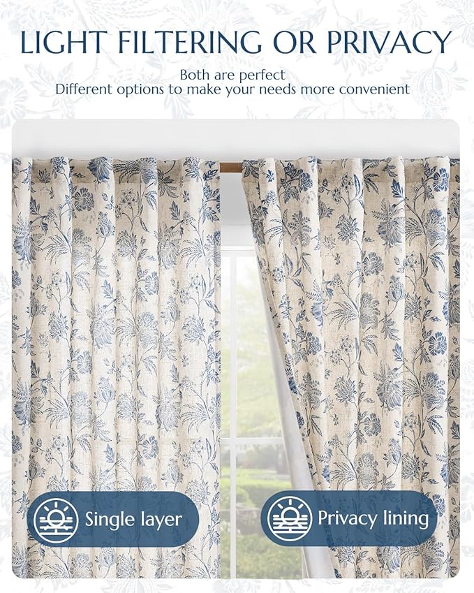 jinchan Lined Linen Floral Curtains for Living Room, 96 Inch Length Printed Flower Farmhouse Patterned French Country Back Tab Blue Window Drapes Set Privacy Bedroom Curtains, 2 Panels