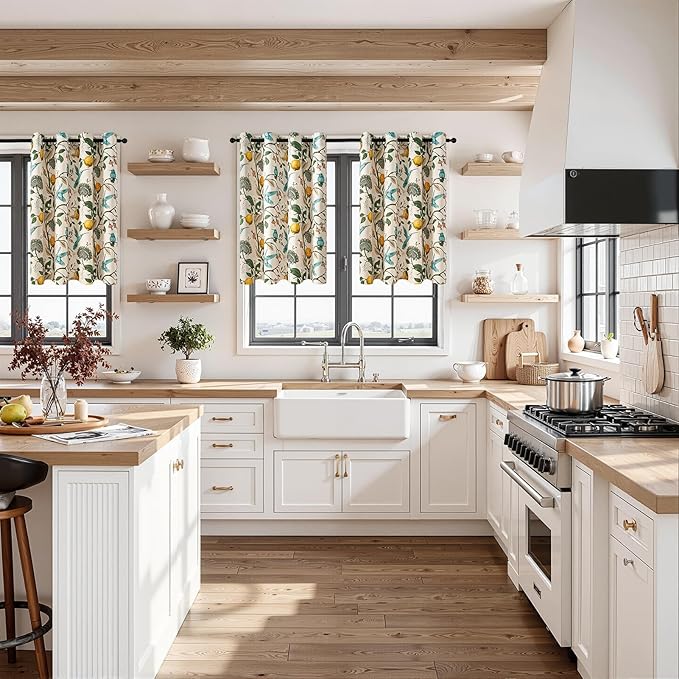 Topfinel 54 Inches Long Blackout Curtains for Cafe Kitchen Beige Vintage Grommet Room Darkening Luxury Floral Lemon Hummingbird Patterned Waverly Colorful Drapes for Living Room Bedroom
