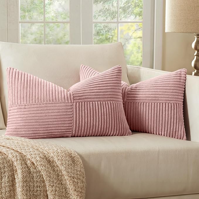 MIULEE Pink Decorative Lumbar Throw Pillow Covers 12x20 Inch for Couch Bed Sofa Valentines Day Pack of 2 Boho Farmhouse Throw Pillows Soft Cross Corduroy Patchwork Textured Cushion Cases