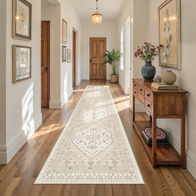 Carpet Runners for Hallway 12ft, Non-Slip Long Bathroom Rugs Runner for Kitchen, Living Room, Soft Vintage Washable Rug for Entryway, Thin Floor Mat for Dining Room(Cream/Beige,2.5'x12')