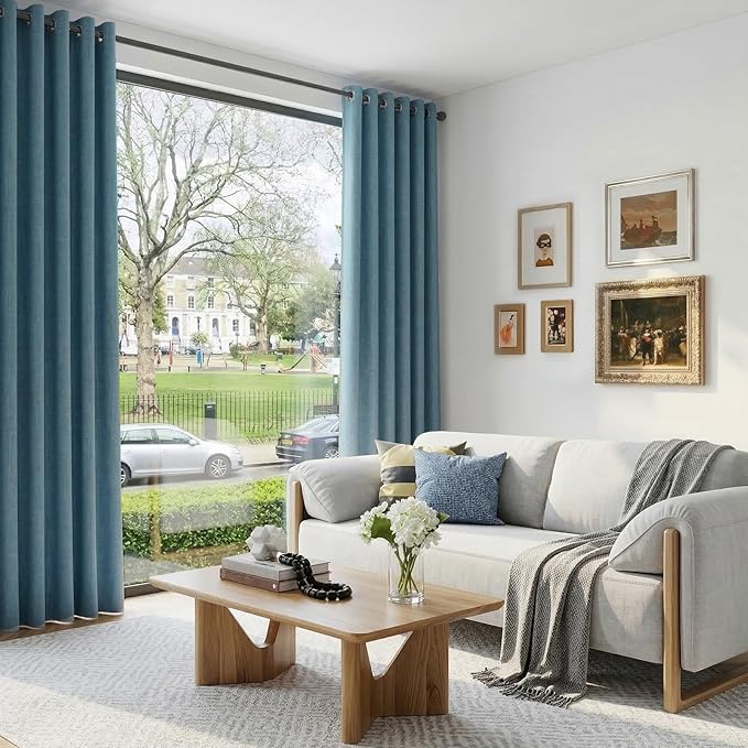 100% Blackout Shield Linen Blackout Curtains for Bedroom, Stone Blue Grommet Curtains for Living Room, Thermal Insulated Room Darkening Drapes for Nursery, Boho Home Decor, 50" W x 96" L, 2 Panels