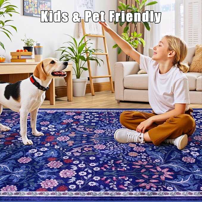 Area Rug Living Room Rugs: Floral 5x7 Washable Rug Vintage Soft Boho Non-Slip Carpet Indoor Floor Stain Resistant Large Carpets for Bedroom Dining Room Farmhouse Nursery Hallway Home Office Blue