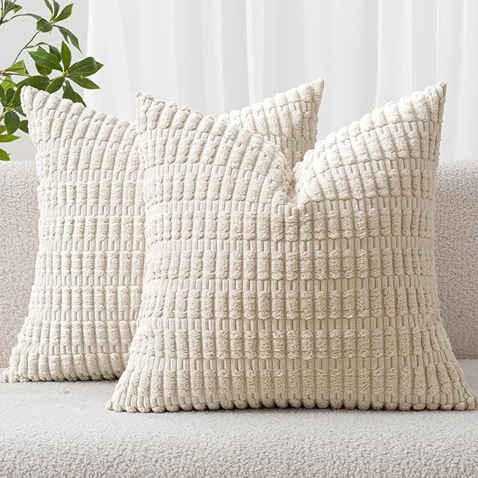 MIULEE Pack of 2 Corduroy Decorative Euro Sham Throw Pillow Covers 26x26 Inch Soft Boho Striped Pillow Covers Modern Farmhouse Home Decor for Sofa Living Room Couch Bed Cream White