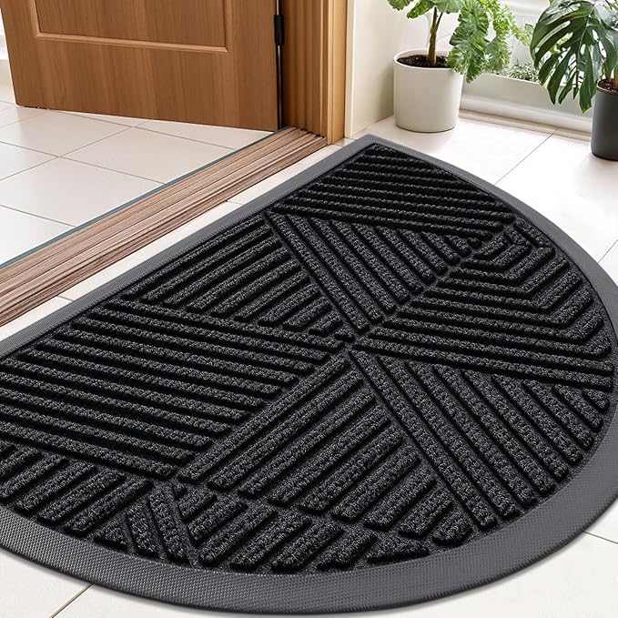 Smiry Half Circle Front Door Mat Outside Entrance, Heavy Duty Sturdy Natural Rubber Doormat, Trap Dirt and Moisture, Low Profile Mats for Indoor Outdoor Entry, Irregular Triangle (35x23, Black)