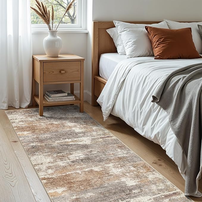 2x5 Washable Kitchen Runner Rug: Modern Abstract Runners for Hallway Soft Non Slip Rugs with Rubber Backing Low Pile Thin Floor Carpet for Entryway Bedroom Bathroom Bedside Indoor(Brown/Brick,2x5)