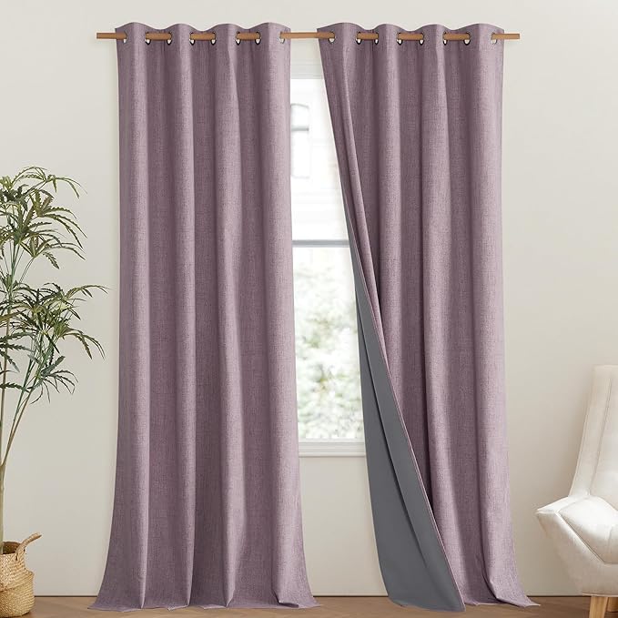 NICETOWN Chaise Mauve Vintage Linen 100% Blackout Curtains for Living Room, Thermal Insulated Curtains 120" Long, Noise Reducing Window Treatment Drapes for Hall Room, 52" Wide Per Panel, Set of 2