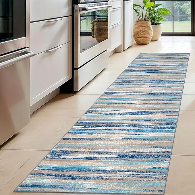 Lansny Modern Abstract Hallway Runner Rug, Blue Washable Kitchen Runner Non-Slip Soft 2x8 Runner Rug Thin Print Faux Wool Carpet for Entryway Bedroom Laundry Room Indoor