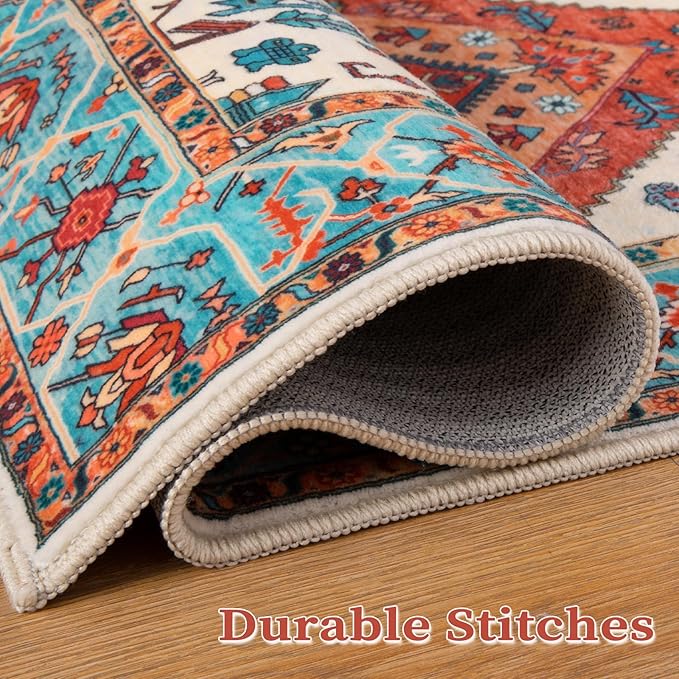 SERISSA Washable Rugs 6x9 Boho Area Rugs, Large Non-Slip Living Room Rug, Ultra Soft Vintage Oriental Tribal Farmhouse Orange Carpet for Dining Room Bedroom Dorm Office Home Decor