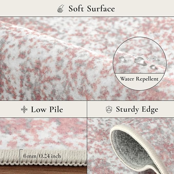 Area Rugs 9x12 for Living Room Bedroom, Modern Abstract Machine Washable Rug, Large Soft Low Pile Floor Carpet with Non Slip Backing for Dining Room, Pink/Grey