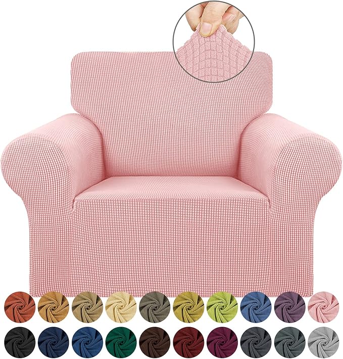 KEKUOU Stretch Single Sofa Slipcover 1 Piece Couch Sofa Cover (31"-55") Furniture Protector 1 Seater Sofa with Elastic Bottom for Kids,Pet.Jacquard Small Checked Pattern Fabric(Small,Dusty Pink)