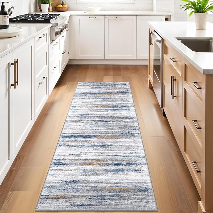 3x6 Washable Runner Rug for Family: Easy-to-Clean Runners for Hallway Entryway Kitchen Bedroom - Stain and Water Resistant Rugs with Non-Slip Backing - Soft Low-Pile Carpet Navy Grey