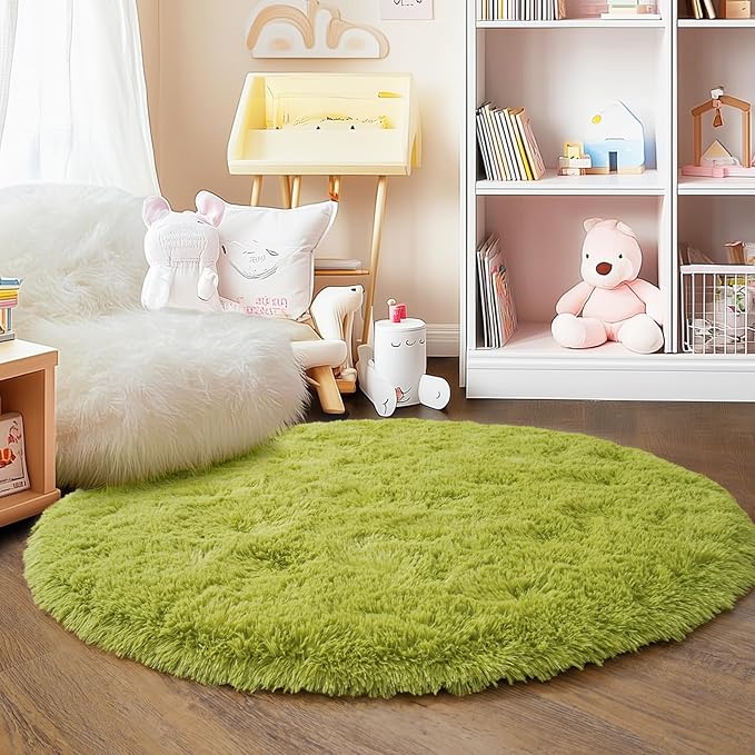 5'x5' Grass Green Round Rug for Bedroom, Ultra Soft Fluffy Circle Rug for Kids Girls Boys Room, Cute Shag Rugs for Living Room Playroom Tent Castle Home Decor Rug