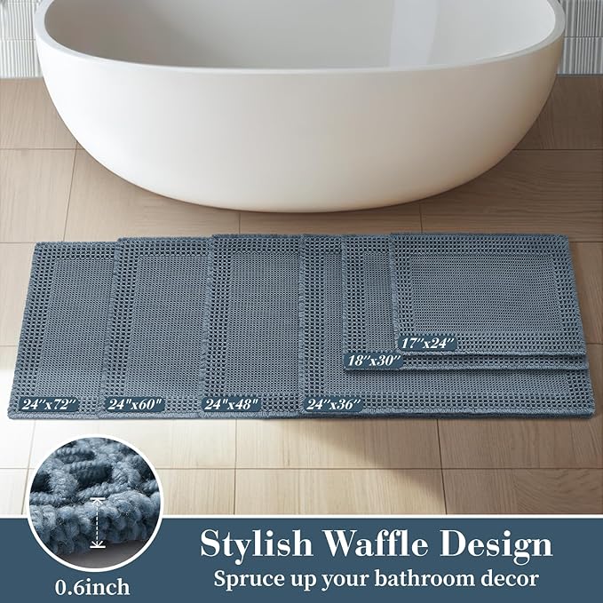 RESARE Waffle Bath Mat - Super Absorbent Non Slip Machine Washable Boho Bath Rugs with Tassels, Upgraded Bordered Design, 17"x24" Blue