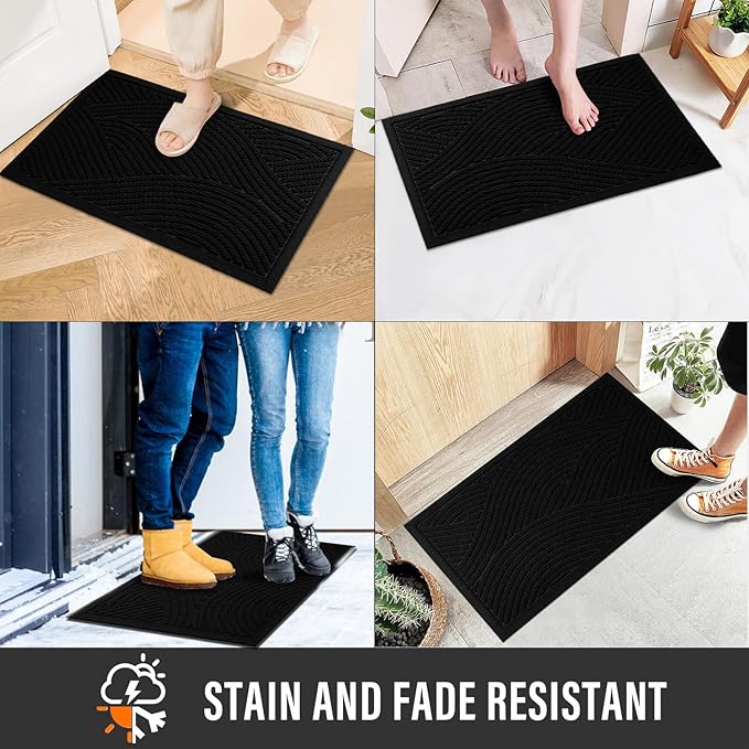HIYARD Sturdy Front Door Mat, Absorbent Muddy Dirt Resist Welcome Door Mats Outdoor Indoor, Stain and Fade Resistant, Non-Slip Backing Entry Mat Low Profile Doormat for Entryway, 29×17, Black