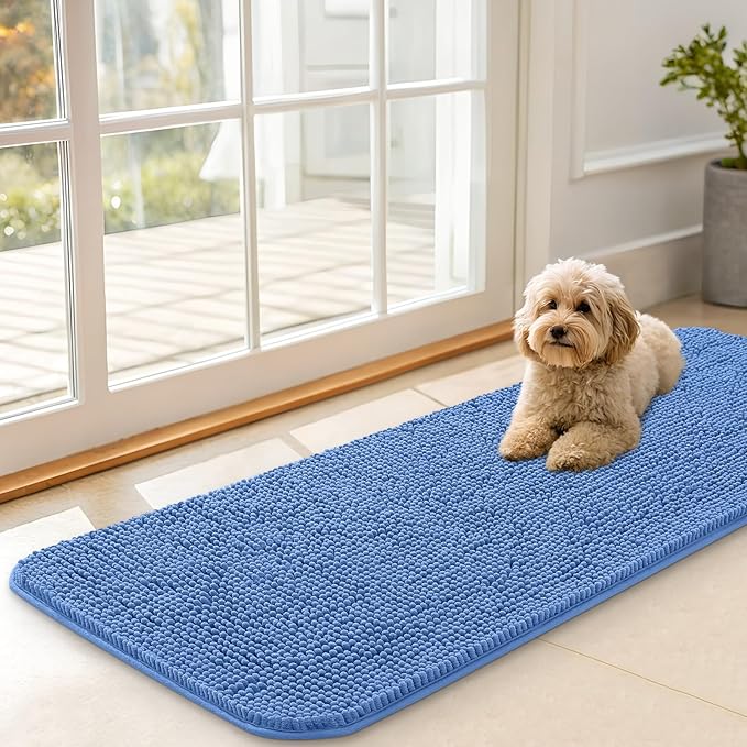 OLANLY Dog Door Mat for Muddy Paws 47x17, Absorbs Moisture and Dirt, Absorbent Non-Slip Washable Doormat, Quick Dry Chenille Mud Mat, Entry Indoor Entryway Carpet for Inside Floor, Cornflower Blue