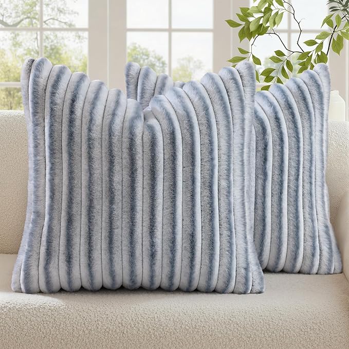 decorUhome Cozy Faux Fur Throw Pillow Covers 24x24 Set of 2 Decorative Soft Plush Striped Modern Farmhouse Boho Couch Euro Sham Pillow Cases with Velvet Back for Sofa Bed Living Room, Grey White