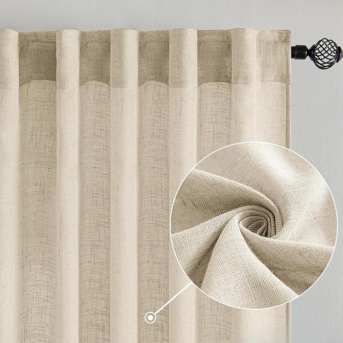 MIULEE Linen Curtains 54 Inch Length 2 Panels for Bedroom Living Room, Soft Thick Linen Textured Back Tab Short Window Drapes Semi Sheer Light Filtering Rod Pocket Modern Farmhouse Decor
