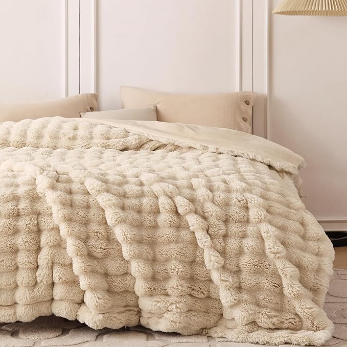 COOVA Faux Fur Throw Blanket for Couch, Cozy Soft and Fuzzy Plush Rabbit Fur Bubble Blanket for Sofa Bedroom Living Room, 50x60 Inches Light Taupe
